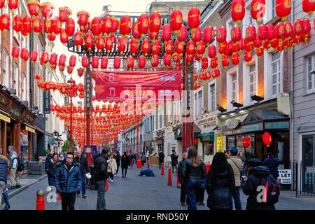 The Chinatown area in central London with the streets decorated with many red Chinese lanterns England UK Stock Photo