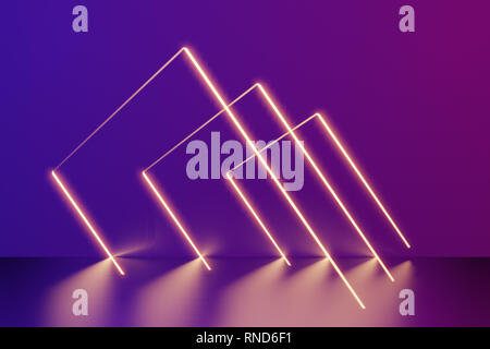 Glowing lines, neon lights, virtual reality, abstract background, square portal, arch, blue spectrum vibrant colors, laser show. 3d rendering. Stock Photo