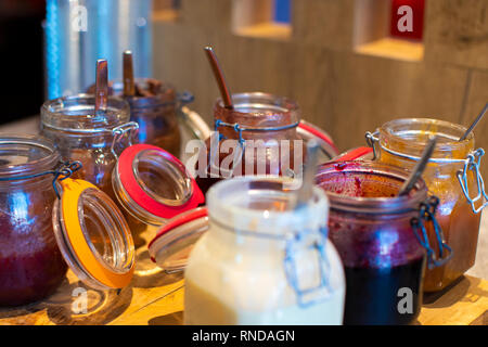 Set of various jams at hotel breakfast Stock Photo