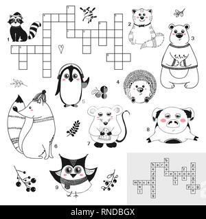 Crossword. Education game for children with different animals. Vector illustration in sketch style Stock Vector