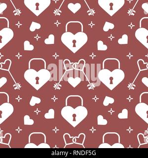Seamless pattern with hearts, lock, keys in heart shape. Greeting card happy Valentine's Day. Romantic background. Design for banner, poster or print. Stock Vector