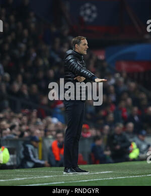 MANCHESTER, ENGLAND - FEBRUARY 12 2019: Thomas Tuchel Manager of PSG during the Champions League match between Manchester United and Paris Saint-Germain at Old Trafford Stadium. Stock Photo