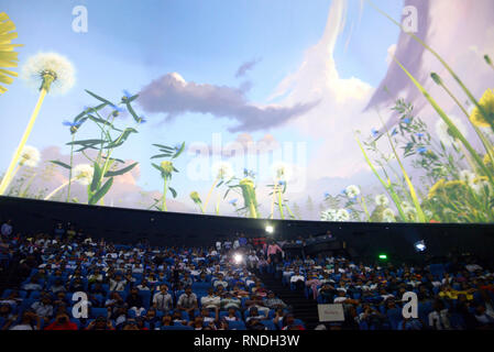 Kolkata, India. 18th Feb, 2019. School Children and others enjoy 3D film show in newly inaugurated Full Dome 3d Digital theater at Science City, Kolkata. Credit: Saikat Paul/Pacific Press/Alamy Live News Stock Photo