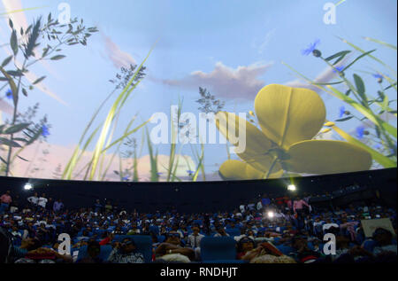 Kolkata, India. 18th Feb, 2019. School Children and others enjoy 3D film show in newly inaugurated Full Dome 3d Digital theater at Science City, Kolkata. Credit: Saikat Paul/Pacific Press/Alamy Live News Stock Photo