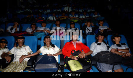 Kolkata, India. 18th Feb, 2019. School Children enjoy 3D film show in newly inaugurated Full Dome 3d Digital theater at Science City, Kolkata. Credit: Saikat Paul/Pacific Press/Alamy Live News Stock Photo