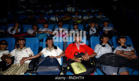 Kolkata, India. 18th Feb, 2019. School Children enjoy 3D film show in newly inaugurated Full Dome 3d Digital theater at Science City, Kolkata. Credit: Saikat Paul/Pacific Press/Alamy Live News Stock Photo