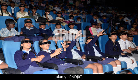 Kolkata, India. 18th Feb, 2019. School Children enjoy 3D film show in newly inaugurated Full Dome 3d Digital theater at Science City, Kolkata. Credit: Saikat Paul/Pacific Press/Alamy Live News Stock Photo