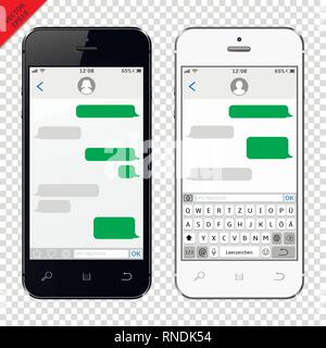 Mobile phones with Germany alphabet virtual keyboard. Messenger window. Chating and messaging concept. Vector illustration. Stock Vector