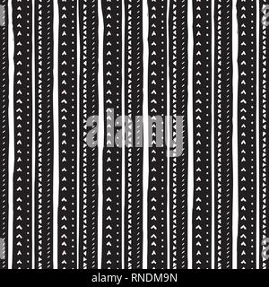 Vector seamless pattern with handdrawn stripes and triangles . Hand drawn white stripes, triangles and lines on black background. Stock Vector