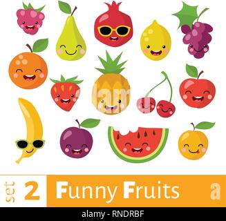 Fruits icons set in flat style with smiling food icons. Stock Vector