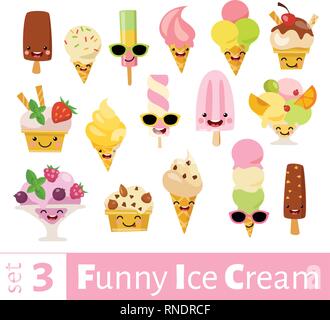Vector set of funny food emoji icons of ice cream Stock Vector