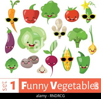 Vector set of cute funny emoji vegetables food icons.  Stock Vector