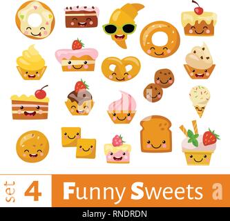 Vector set of cute funny emoji sweet food icons.  Stock Vector