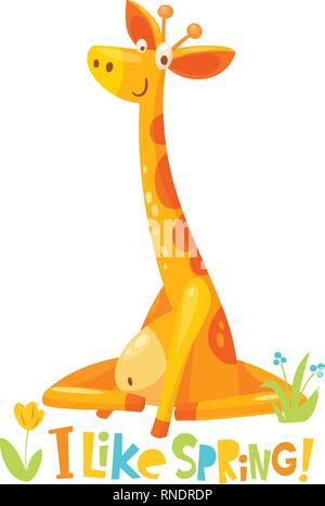 Vector cute funny giraffe character with flowers and spring Stock Vector