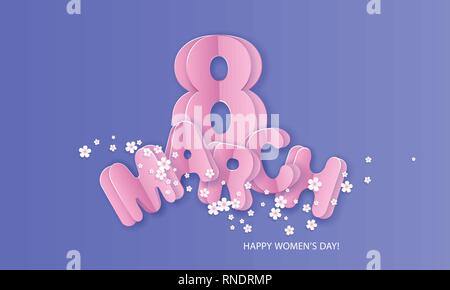 Happy womens day 8 March card. Flowers banner in purple colors with big letters shaped as air balloons. Vector illustration 3d paper cut style. Stock Vector