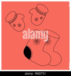 felt boots, mittens with ornament. Linear elements Russian of winter clothes. Accessories Folk costume. coloring book or printing clothes. Educational Stock Vector