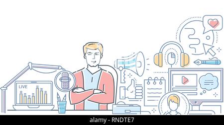 Podcast - modern line design style web banner Stock Vector