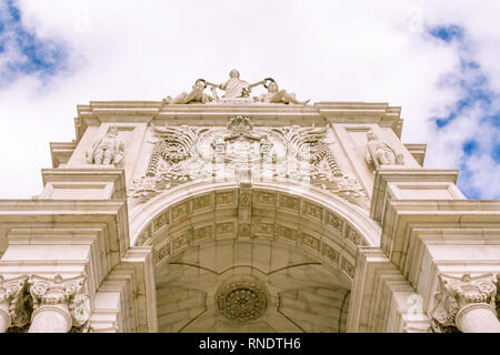 Famous arch at the Praca do Comercio in Lisbon Portugal showing Viriatus, Vasco da Gama, Pombal and Nuno Alvares Pereira Stock Photo