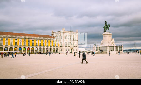 LISBON, PORTUGAL - MARCH 02, 2016: Praca do Comercio (Commerce square) and statue of King Jose I in Lisbon. Stock Photo