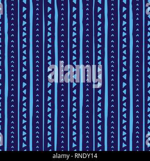 Vector seamless pattern with handdrawn stripes and triangles . Hand drawn blue stripes and triangles. Stock Vector