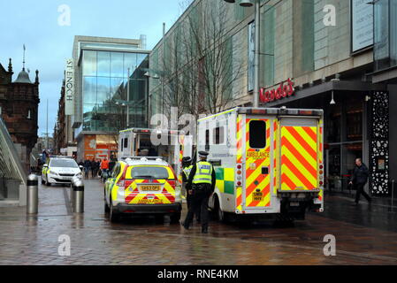 Glasgow, Scotland,UK 18th, February, 2019 Two ambulances and police car attend incident at the St Enoch centre shopping mal  in the city as a woman was seen being stretchered to hospital with life saving machine attached.  Gerard Ferry/Alamy Live News Stock Photo