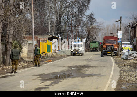 Pulwama, India. 18th Feb, 2019. Member of Special Operation Group (SOG) are seen patrolling near the site of encounter during the g at Pinglena village of South Kashmir's Pulwama district.Three militants, four Indian army men, a police constable and a civilian were killed in an 18-hour long gunfight in Pinglina village of south Kashmir's Pulwama district some 45kms from summer capital Srinagar on Monday. At least nine forces personnel, including a brigade commander and a lieutenant colonel and a deputy inspector general of the Jammu and K Stock Photo