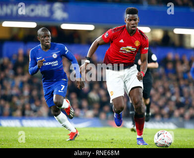 London, UK. 18th Feb, 2019. Manchester United's Paul Pogba during FA Cup Fifth Round between Chelsea and Manchester United at Stanford Bridge stadium , London, England on 18 Feb 2019 Credit Action Foto Sport  FA Premier League and Football League images are subject to DataCo Licence. Editorial use ONLY. No print sales. No personal use sales. NO UNPAID USE Credit: Action Foto Sport/Alamy Live News Stock Photo