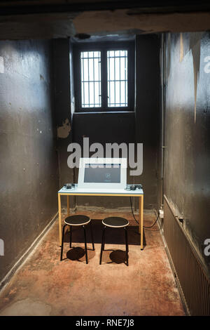 Berlin, Germany. 18th Feb, 2019. View at the opening of an extracurricular place of learning in a cell of the former GDR police prison Keibelstraße in Berlin. The prison stood empty for years, the use had been struggled for a long time. Credit: Jörg Carstensen/dpa/Alamy Live News Stock Photo