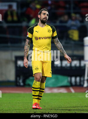 Nuremberg, Germany. 18th Feb, 2019. Dortmund's Paco Alcacer reacts during a German Bundesliga match between 1. FC Nuremberg and Borussia Dortmund in Nuremberg, Germany, Feb. 18, 2019. The match ended 0-0. Credit: Philippe Ruiz/Xinhua/Alamy Live News Stock Photo