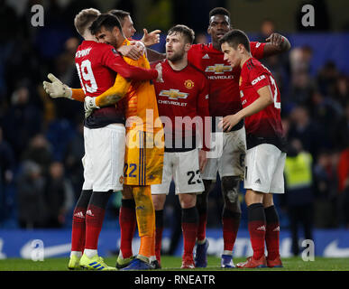 London, UK. 18th Feb, 2019. Manchester United's players celebrate after winning the FA Cup fifth round match between Chelsea and Manchester United in London, Britain on Feb. 18, 2019. Manchester United won 2-0. FOR EDITORIAL USE ONLY. NOT FOR SALE FOR MARKETING OR ADVERTISING CAMPAIGNS. NO USE WITH UNAUTHORIZED AUDIO, VIDEO, DATA, FIXTURE LISTS, CLUB/LEAGUE LOGOS OR 'LIVE' SERVICES. ONLINE IN-MATCH USE LIMITED TO 45 IMAGES, NO VIDEO EMULATION. NO USE IN BETTING, GAMES OR SINGLE CLUB/LEAGUE/PLAYER PUBLICATIONS. Credit: Han Yan/Xinhua/Alamy Live News Stock Photo