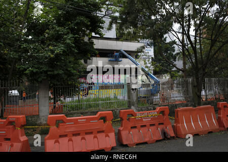 Medellin, Antioquia, Colombia. 17th Feb, 2019. Workers from the company in charge of the demolition are seen at the Monaco building doing the necessary works for the demolition.Â .25 years after the death of Pablo Escobar, the MedellÃ-n Mayor's office and the community agreed to demolish the Monaco building and build a memorial park for the victims of Escobar's war. The building was built as a luxury bunker by the capo, to keep himself and his family safe, and as the MedellÃ-n cartel's headquarters.Â .The Monaco building become a problem for the city, the Santa Maria de los Angeles ne Stock Photo