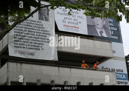 Medellin, Antioquia, Colombia. 17th Feb, 2019. Workers are seen cutting the railing of one of the building balconies. 25 years after the death of Pablo Escobar, the MedellÃ-n Mayor's office and the community agreed to demolish the Monaco building and build a memorial park for the victims of Escobar's war. The building was built as a luxury bunker by the capo, to keep himself and his family safe, and as the MedellÃ-n cartel's headquarters.Â .The Monaco building become a problem for the city, the Santa Maria de los Angeles neighbourhood, and the community because since the building was Stock Photo