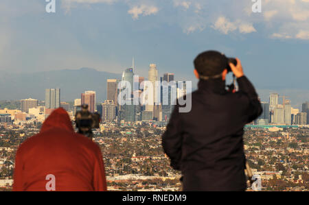 Los Angeles, USA. 18th Feb, 2019. People take photos of downtown Los Angeles in California, the United States, Feb. 18, 2019. Credit: Li Ying/Xinhua/Alamy Live News Stock Photo