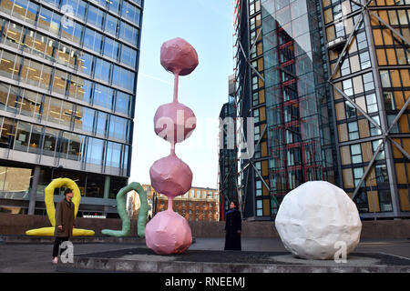 London, UK. 19th Feb, 2019. Alpha, Omega, Dorit, Kugel, by Franz West at Tate Modern, a major exhibition of the work of Franz West, the most extensive selection of West's abstract sculptures and furniture ever shown and the first posthumous retrospective the artist’s work ever staged in the UK. Credit: Nils Jorgensen/Alamy Live News Stock Photo