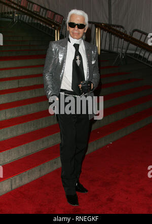Fashion designer Karl Lagerfeld departs from the Costume Institute Gala, Superheroes: Fashion And Fantasy, at the Metropolitan Museum of Art on May 05, 2008 in New York City. Stock Photo