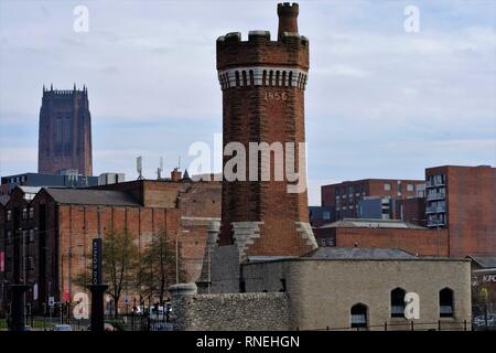 Hydraulic Tower, Gatekeepers Lodge, Wapping Dock, Liverpool Waterfront, United Kingdom, Arched Windows, Waterfront, River Mersey, Octagonal, Stone. Stock Photo