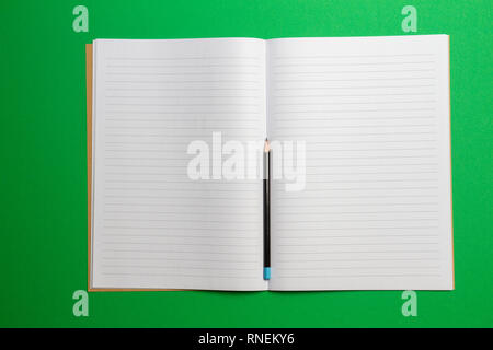 Empty opened striped notebook with pencil on green background. Top view Stock Photo