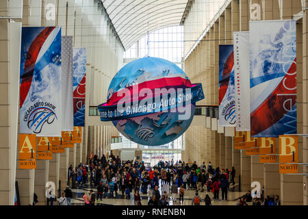 Chicago, IL, USA - February 10, 2019: Shot of the Welcome to the Chicago Auto Show ball. Stock Photo