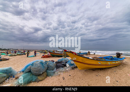 Chennai, India - August 18, 2018: View of the beach at the street fish market in Chennai. The street fish market is located near the Chennai marina Stock Photo
