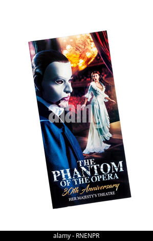 Promotional flyer for 30th Anniversary of The Phantom of the Opera by Andrew Lloyd Webber.  At Her Majesty's Theatre. Stock Photo