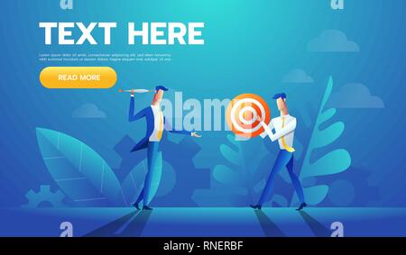 Two businessmen with red and white striped target and a arrow in a concept of business goals and success, cartoon vector illustration. Stock Vector