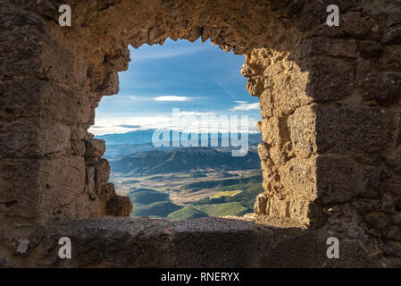 View on the Pyreneans moutains from Queribus castle in Corbieres, France Stock Photo