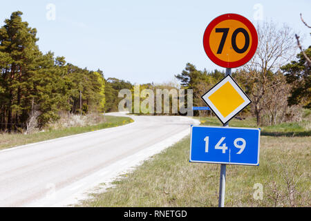 Primary road number 149 with speed limit 70 kmh. Stock Photo