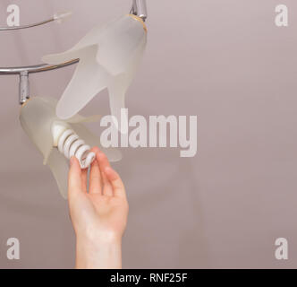 Installing an energy-saving light bulb in the ceiling chandelier, arm, close-up, modern Stock Photo