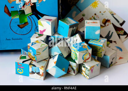 Vintage game, cardboard cube puzzle, with circus motifs Stock Photo