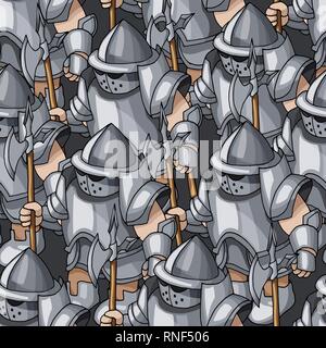 Medieval armored knights formation hand drawn seamless pattern, warriors weapons Stock Vector