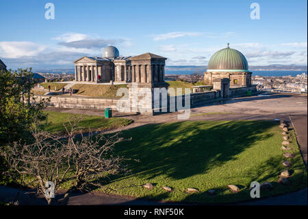 View of City observatory, Telescope House and Playfair Monument in Calton Hill. Edinburgh. Scotland Stock Photo