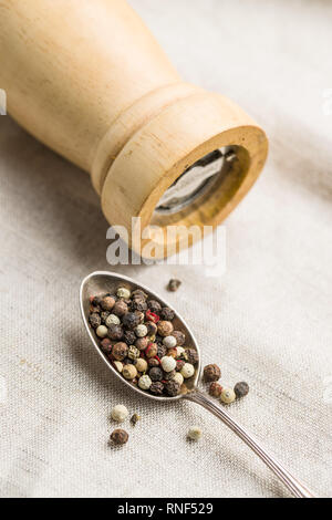 Different types of dried peppercorn in spoon. Stock Photo