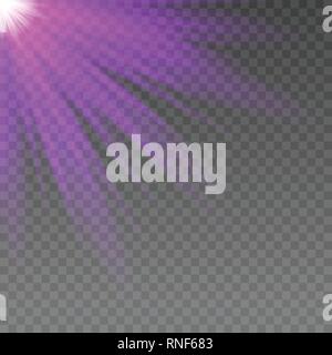 flare of purple light rays element. Vector illustration with shining effect for design. Stock Vector