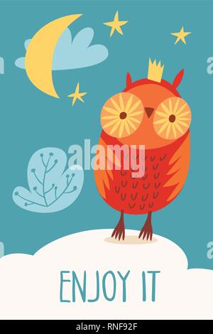 Kids cards with cute cartoon owl. Vector owl character on card birthday ...
